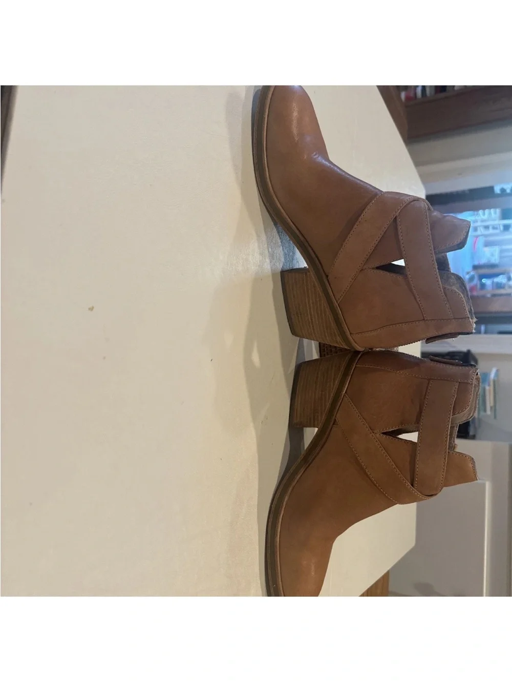 Eileen Fisher Ives Tumble Natural Tan leather Size 10 Cutout Booties Minimalist